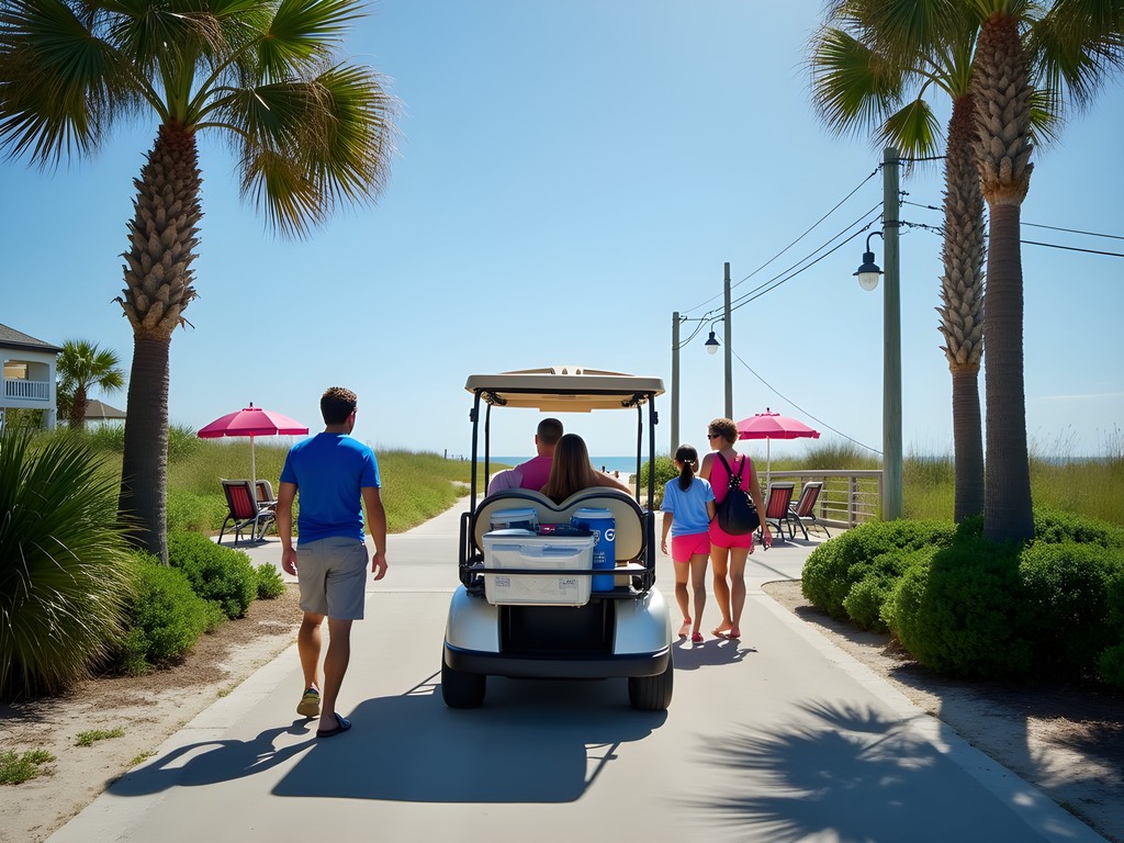 Family using a rented golf cart to access beach area on Hilton Head Island