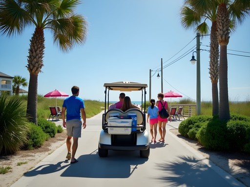 Family using a rented golf cart to access beach area on Hilton Head Island