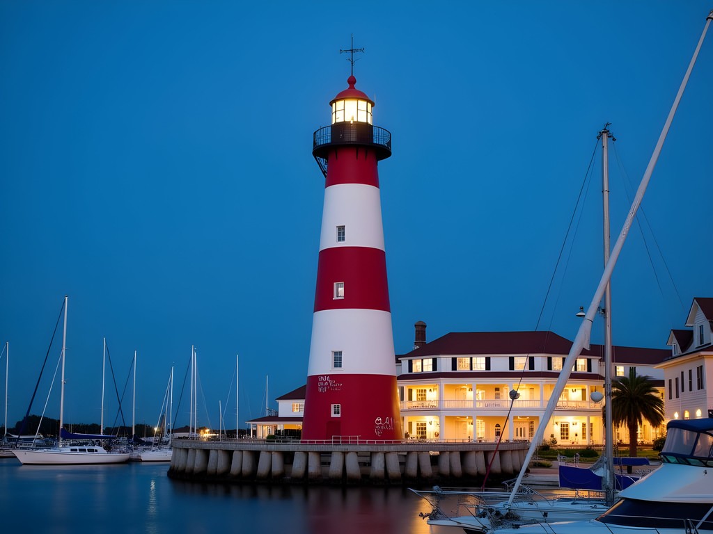 Harbour Town Lighthouse illuminated at dusk on Hilton Head Island