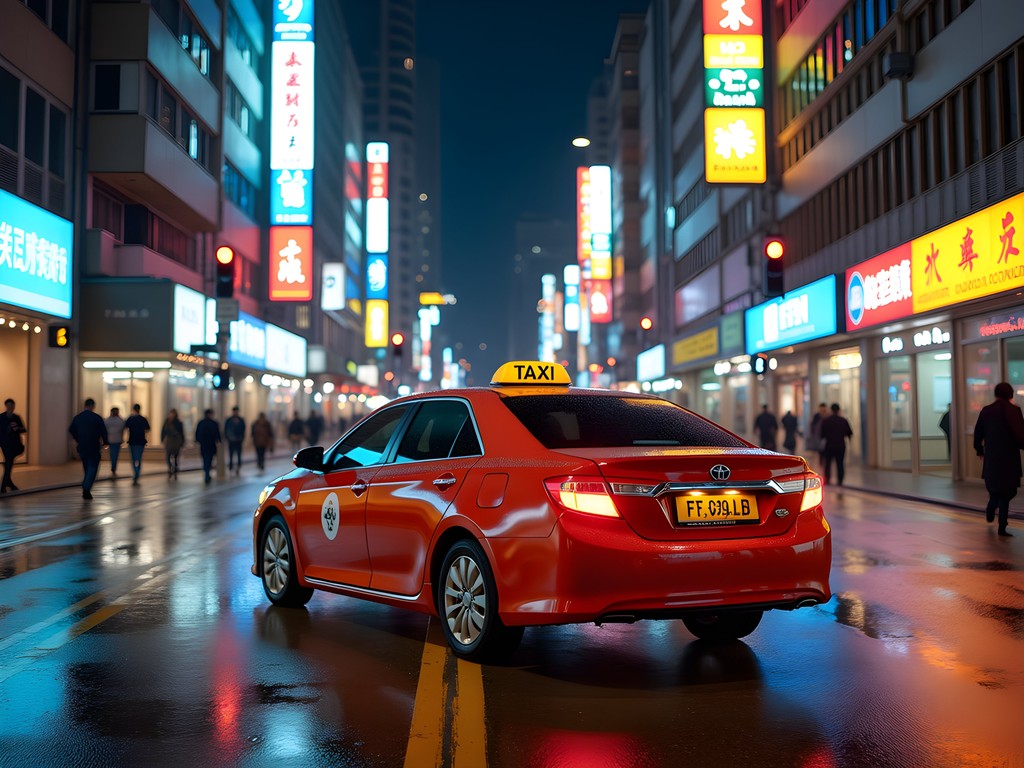 Red Hong Kong taxi at night with neon-lit street background