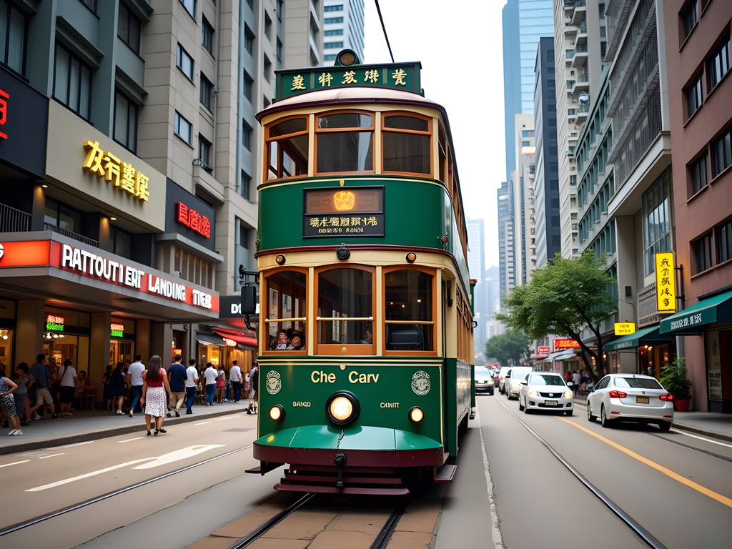 Historic double-decker tram on Hong Kong Island with urban backdrop