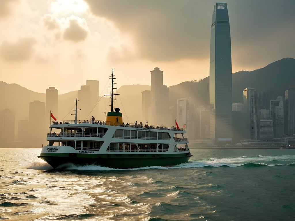 Star Ferry crossing Victoria Harbour with Hong Kong skyline