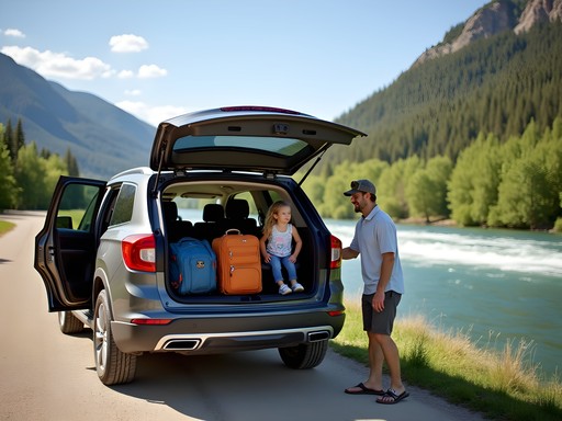 Family loading luggage into SUV rental with Idaho Falls scenery