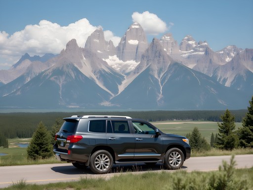 SUV parked at Grand Teton National Park viewpoint with mountains in background