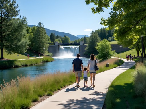 Family walking along Idaho Falls River Walk with waterfalls in background
