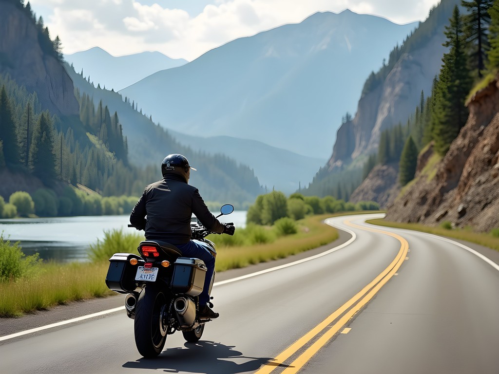 Motorcycle rider on Snake River Scenic Byway with mountain views