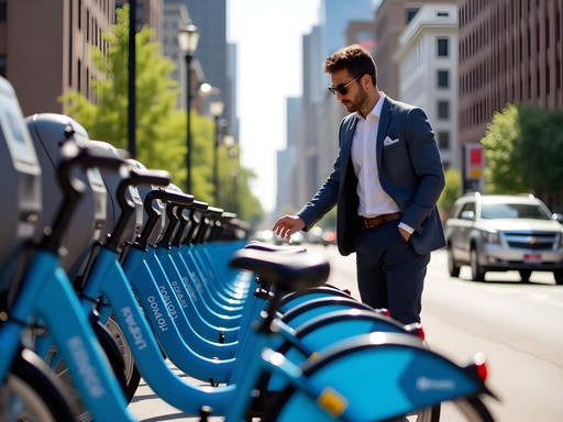 Professional using Indianapolis Pacers Bikeshare system near business district