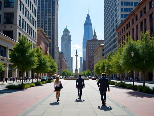 Business professional navigating Indianapolis' downtown grid with Monument Circle in background