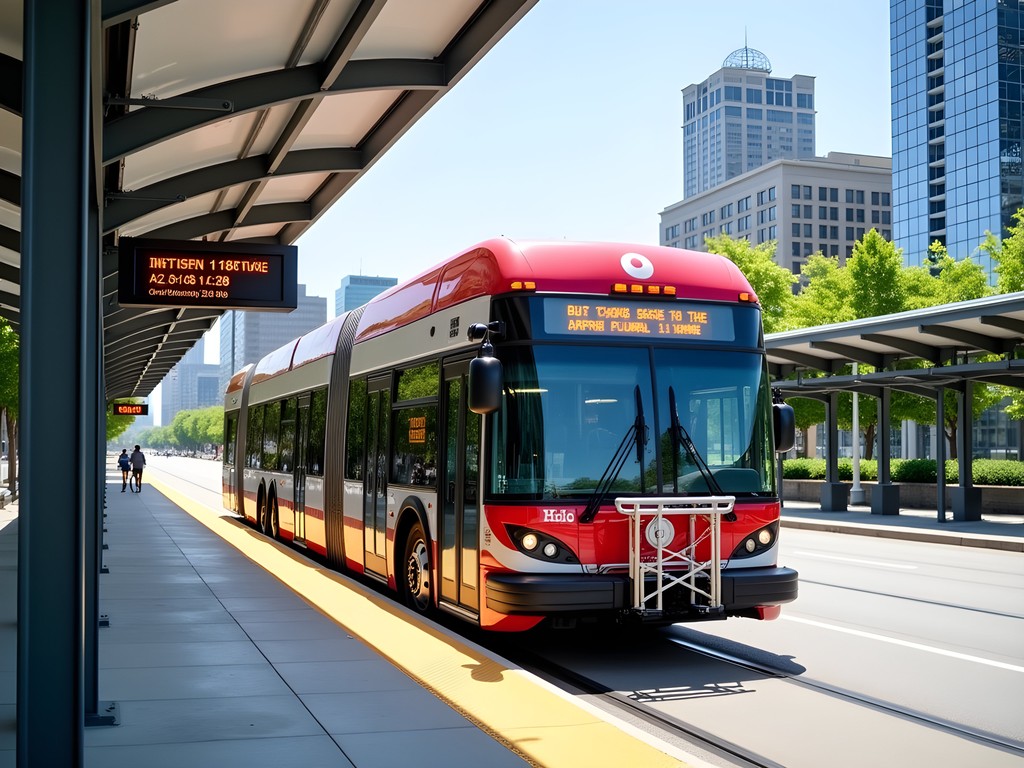 Indianapolis Red Line bus rapid transit system with business district backdrop