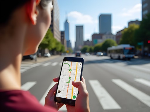 Business traveler using smartphone navigation apps in downtown Indianapolis