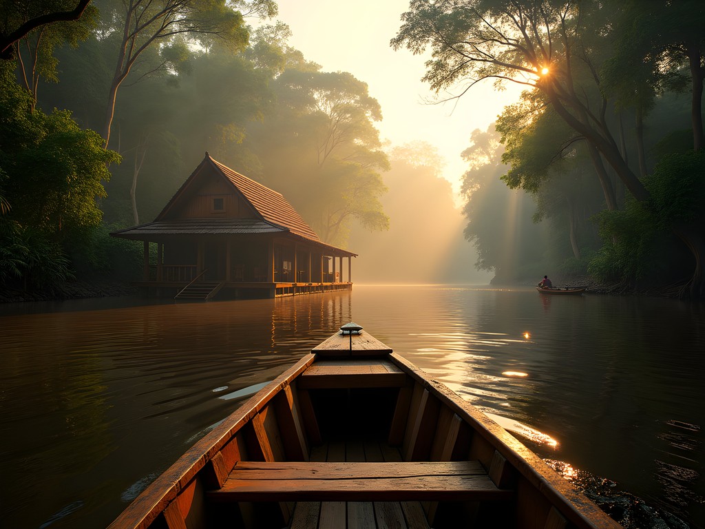 Wooden boat approaching a jungle lodge dock on the Amazon River