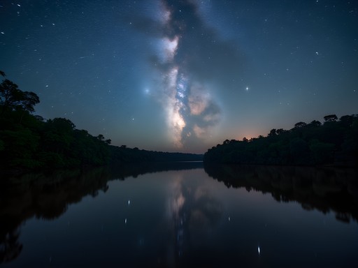 Milky Way reflected in still Amazon waters near Iquitos