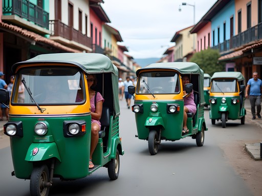 Colorful mototaxis navigating through the streets of Iquitos