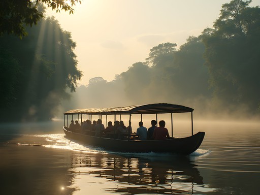 Wooden river taxi boat transporting passengers on the Amazon River near Iquitos