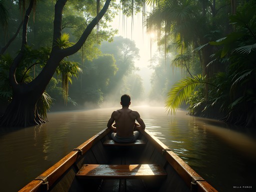 Small boat navigating through narrow Amazon tributaries with dense jungle vegetation on both sides