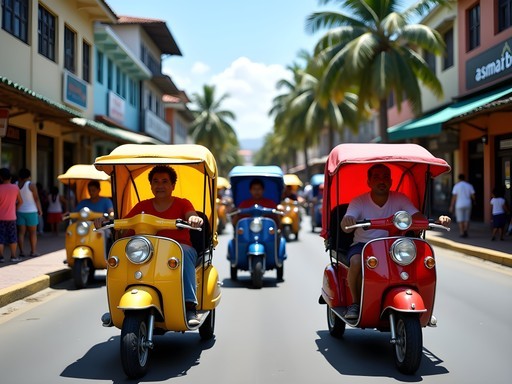 Colorful mototaxis navigating busy streets in downtown Iquitos