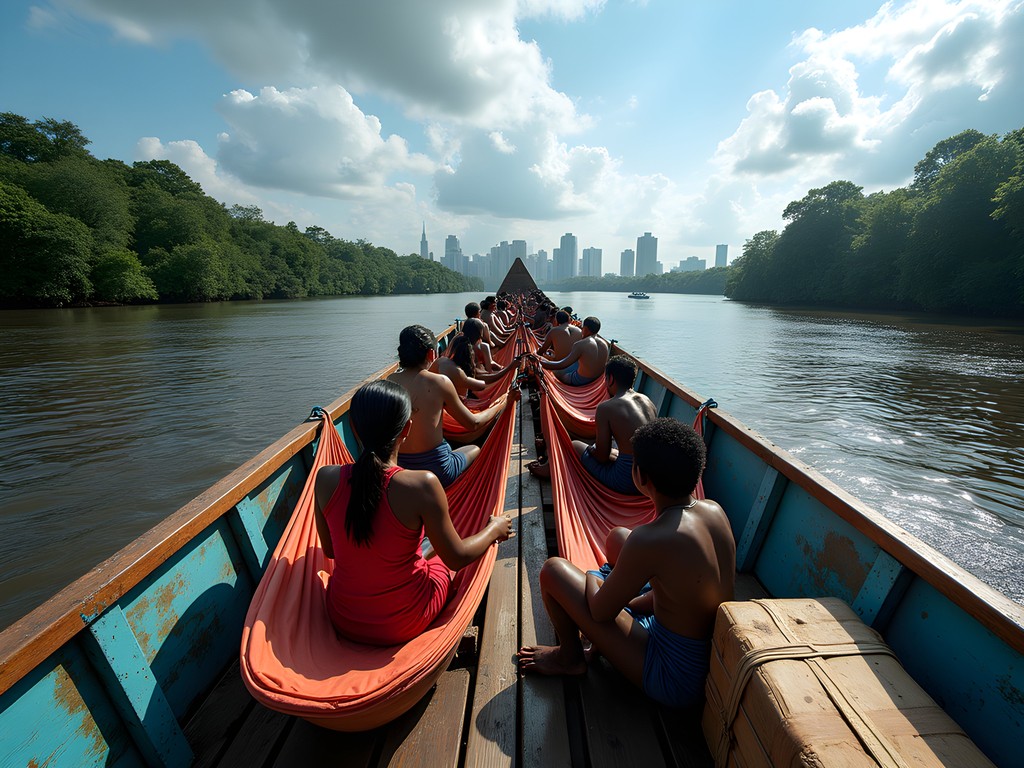 Passenger boat arriving at Iquitos port on the Amazon River with city skyline in background