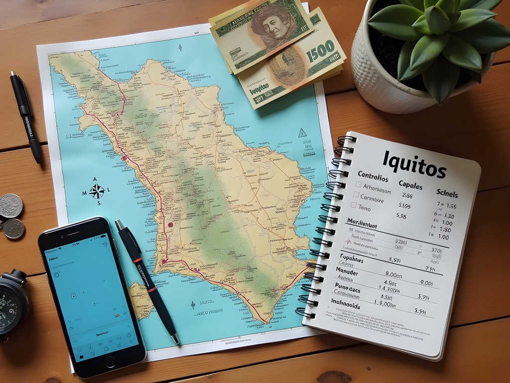 Travel planning setup with map of Iquitos, notebook showing transportation budget calculations, and local currency