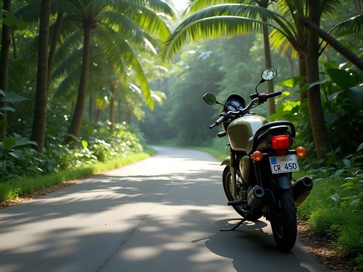 Rented motorcycle on a jungle road near Iquitos with lush vegetation