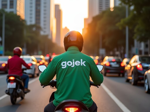 GoJek motorbike taxi navigating through Jakarta traffic