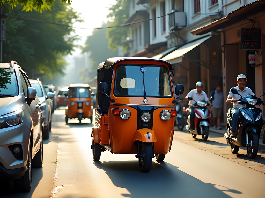 Orange bajaj three-wheelers navigating narrow Jakarta street