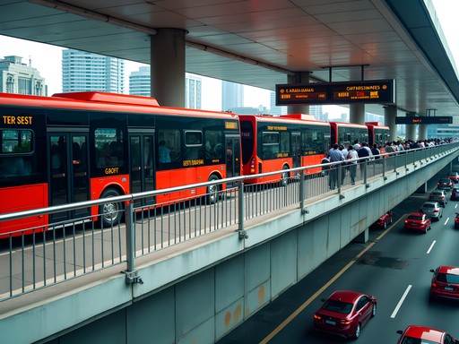 Elevated TransJakarta bus station with buses and passengers