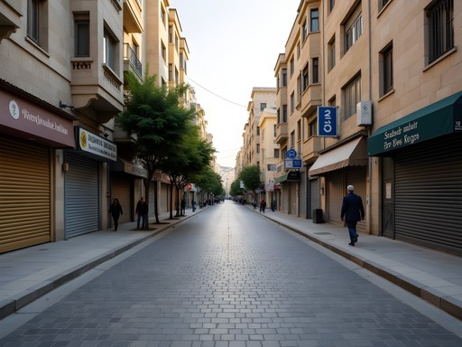 Empty Jerusalem street during Shabbat with closed businesses and few cars
