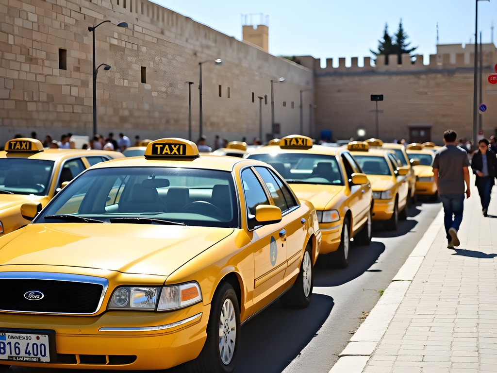 Yellow taxis waiting at taxi stand near Jaffa Gate in Jerusalem