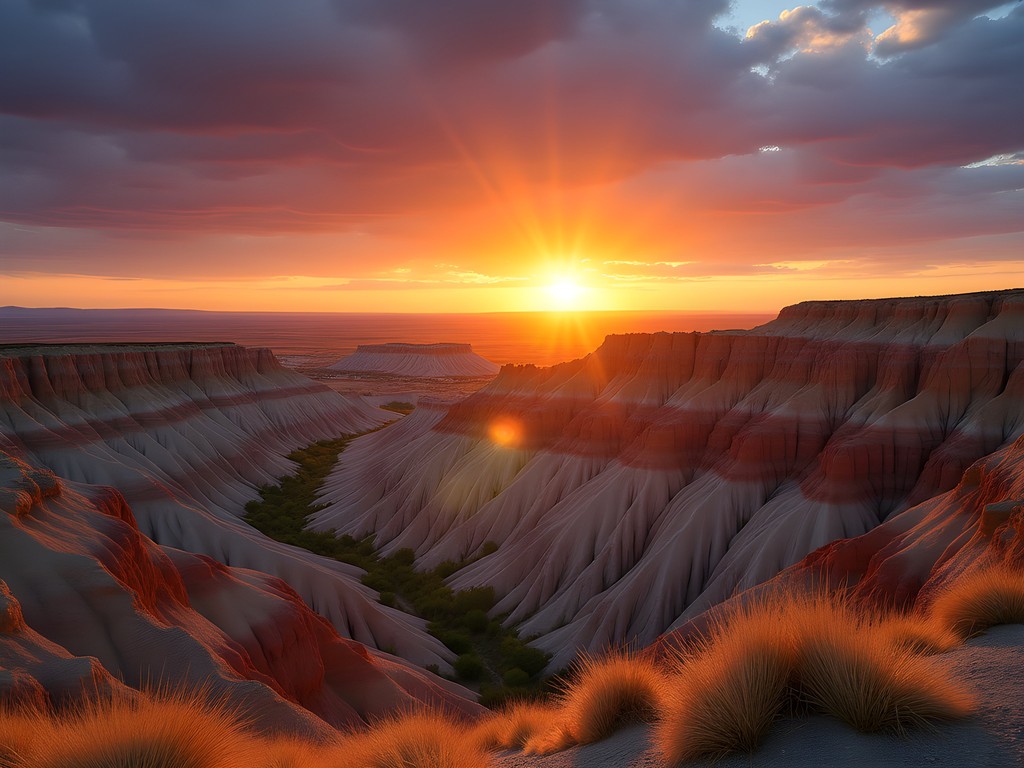 Sunrise over the colorful eroded spires of Badlands National Park