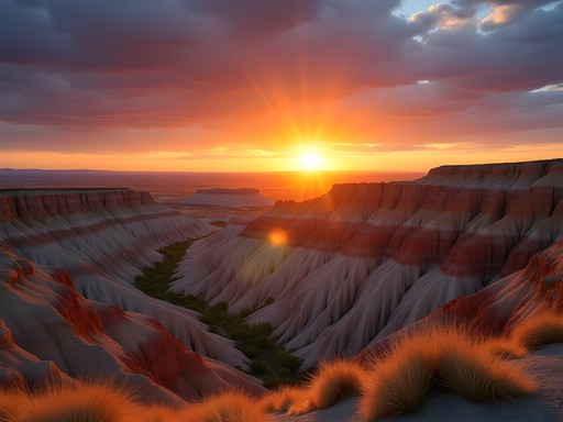 Sunrise over the colorful eroded spires of Badlands National Park