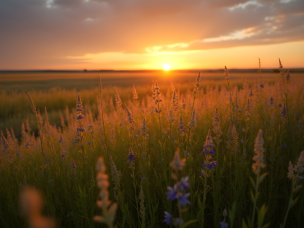 Sunset over the tallgrass prairie of Sheyenne National Grassland with wildflowers in bloom
