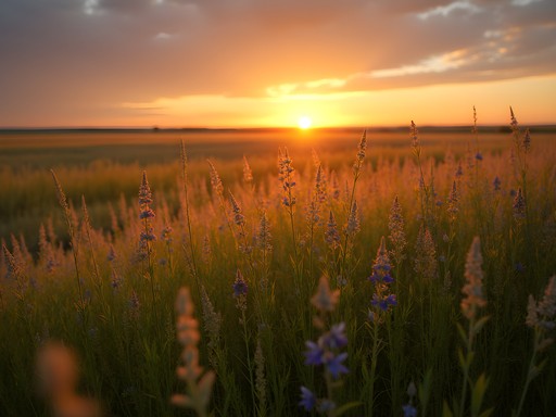 Sunset over the tallgrass prairie of Sheyenne National Grassland with wildflowers in bloom
