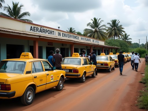 Yellow airport taxis lined up outside N'djili International Airport in Kinshasa