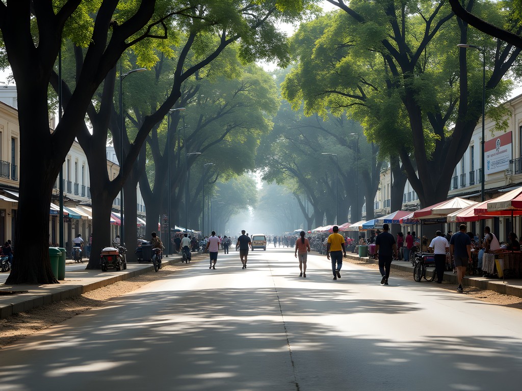 Tree-lined boulevard in Kinshasa's Gombe district with pedestrians and colonial architecture