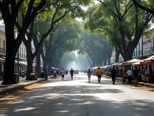 Tree-lined boulevard in Kinshasa's Gombe district with pedestrians and colonial architecture