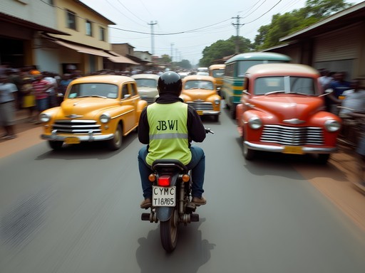 Moto-taxi driver navigating through congested Kinshasa traffic with passenger