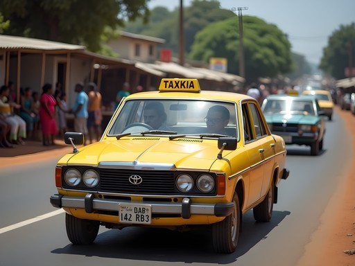 Crowded yellow shared taxi navigating busy Kinshasa boulevard with passengers