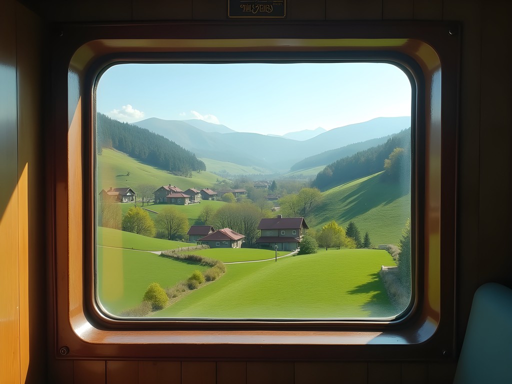 View from Bulgarian train window showing spring countryside and mountains en route to Koprivshtitsa