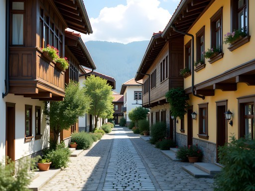 Colorful traditional houses along cobblestone streets in Koprivshtitsa during spring with blooming flowers