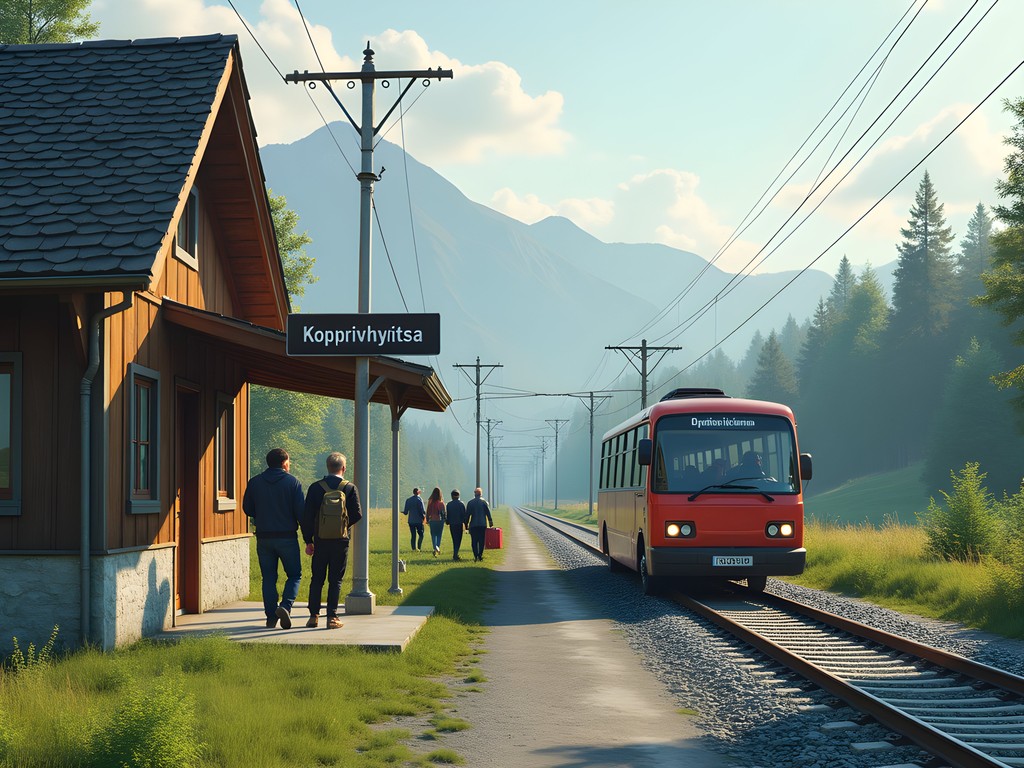 Minibus waiting at Koprivshtitsa train station with mountains in background