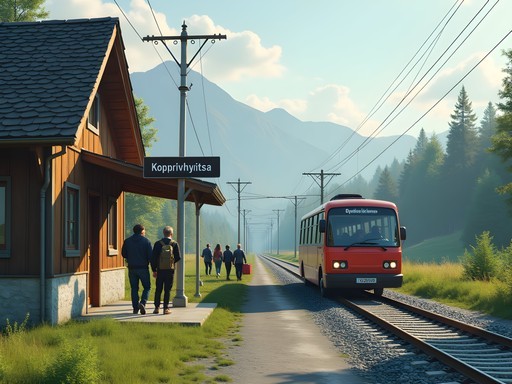 Minibus waiting at Koprivshtitsa train station with mountains in background
