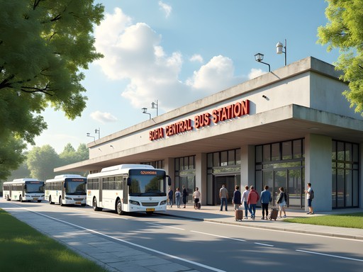 Sofia Central Bus Station entrance with buses and travelers