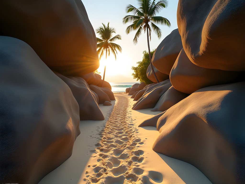 Walking path through granite boulders to Anse Source d'Argent beach
