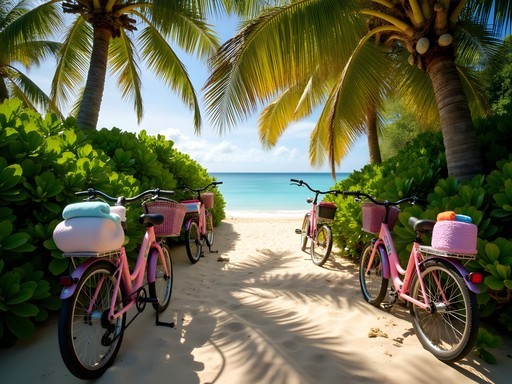 Family with bicycles on beach path with palm trees in La Digue