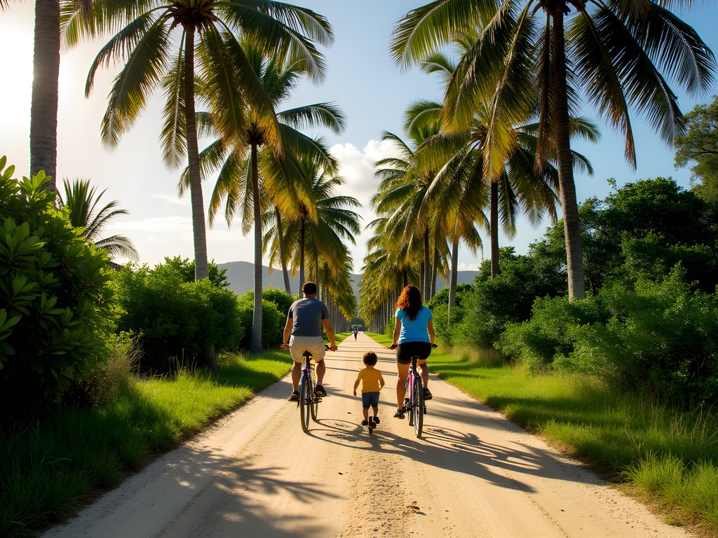Family cycling on a palm-lined path in La Digue, Seychelles