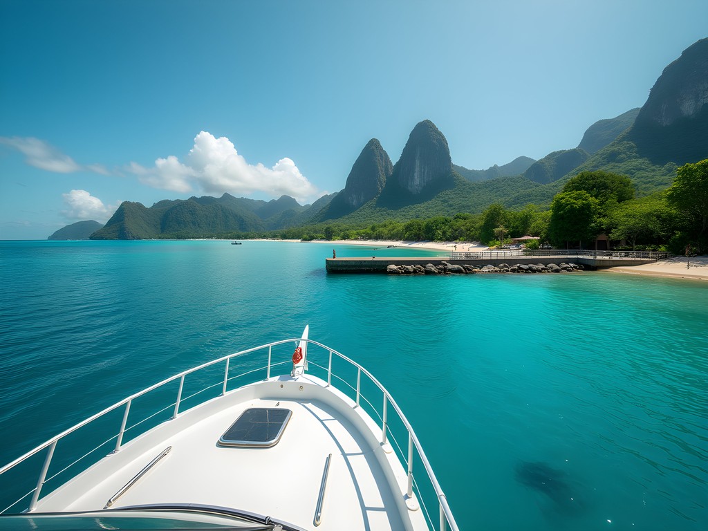 Cat Cocos ferry approaching La Digue harbor with granite formations visible