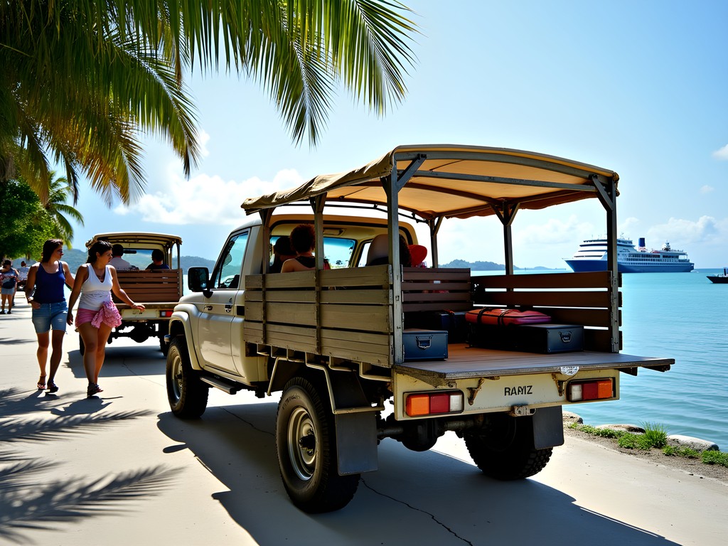 Modified pickup truck taxi transporting luggage and passengers at La Digue jetty