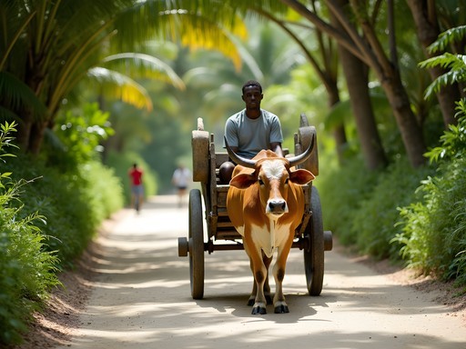 Traditional wooden ox-cart with driver on sandy path in La Digue