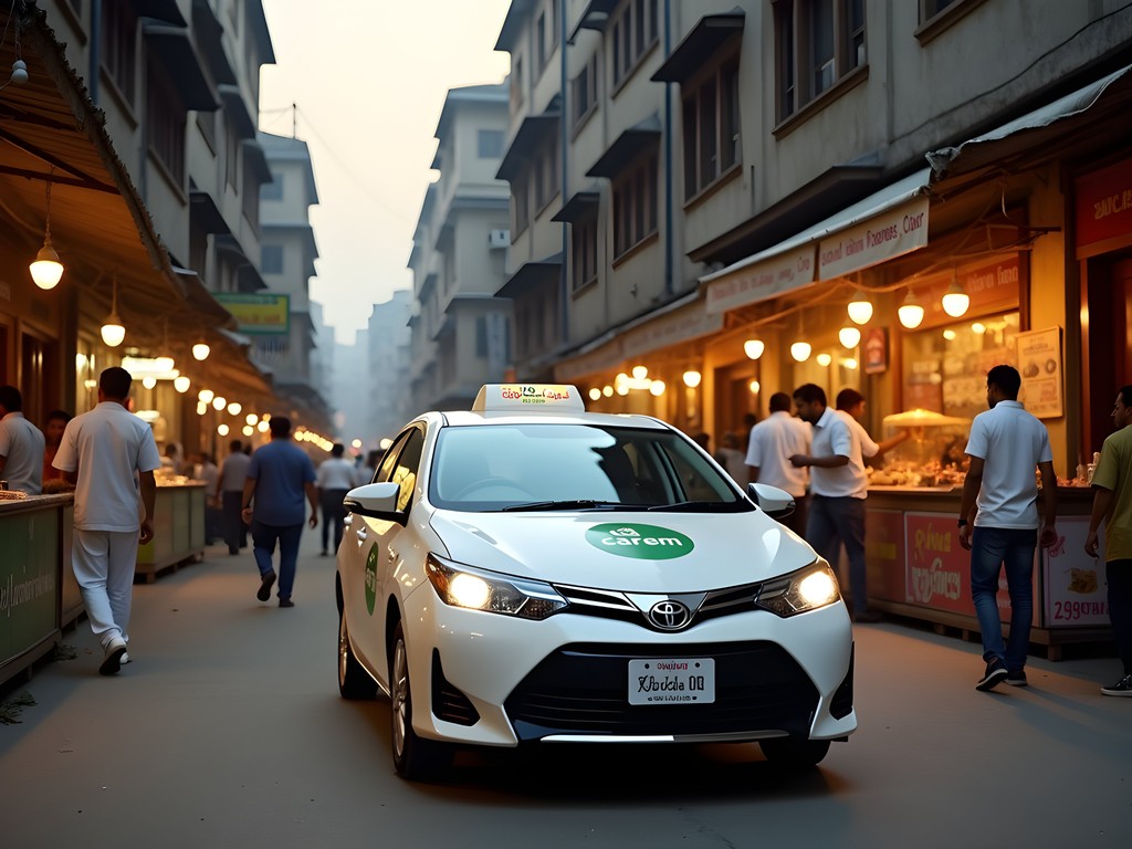 Careem rideshare car navigating narrow street near Fort Road Food Street in Lahore at dusk
