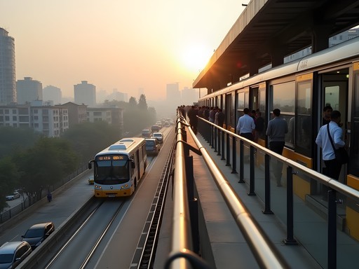 Morning commuters at elevated Lahore Metrobus station with city skyline